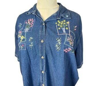Bobbie Brooks Womens Denim 90's Embroidered Floral Chambray Shirt 22/24 Plus